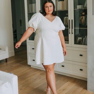 White Textured Puff Sleeve Dress